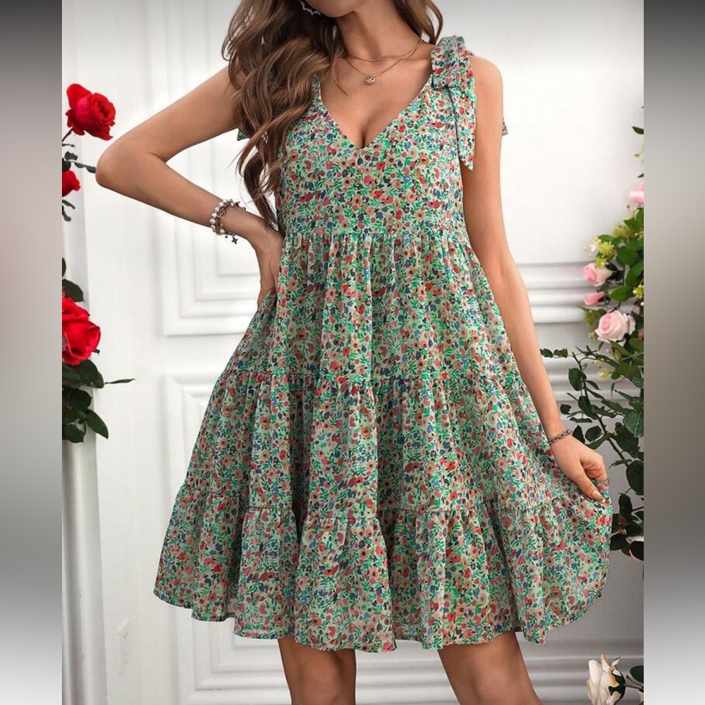 SHEIN Green Floral Babydoll Tie Strap Dress Large